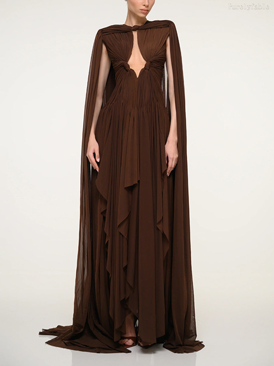 Sienna Coffee-Colored Cape-Style Shawl Dress