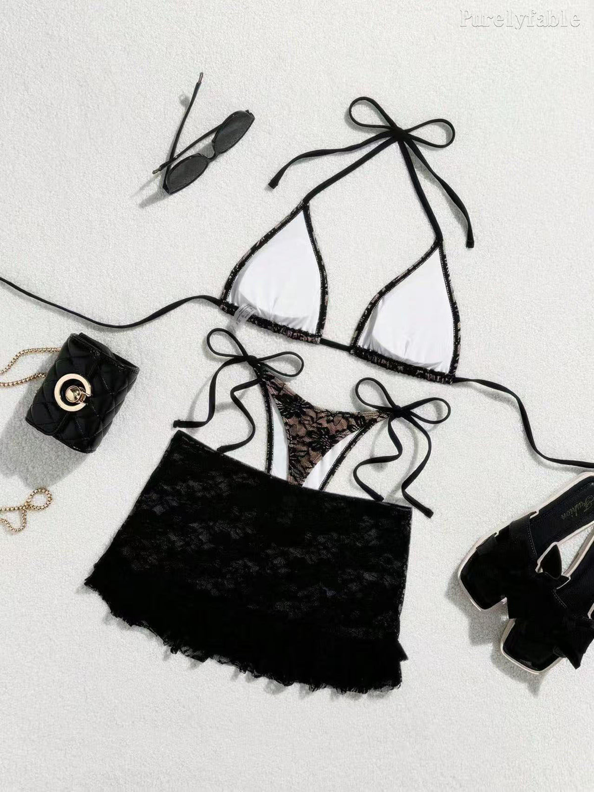 Black Lace Three-Piece Bikini Set