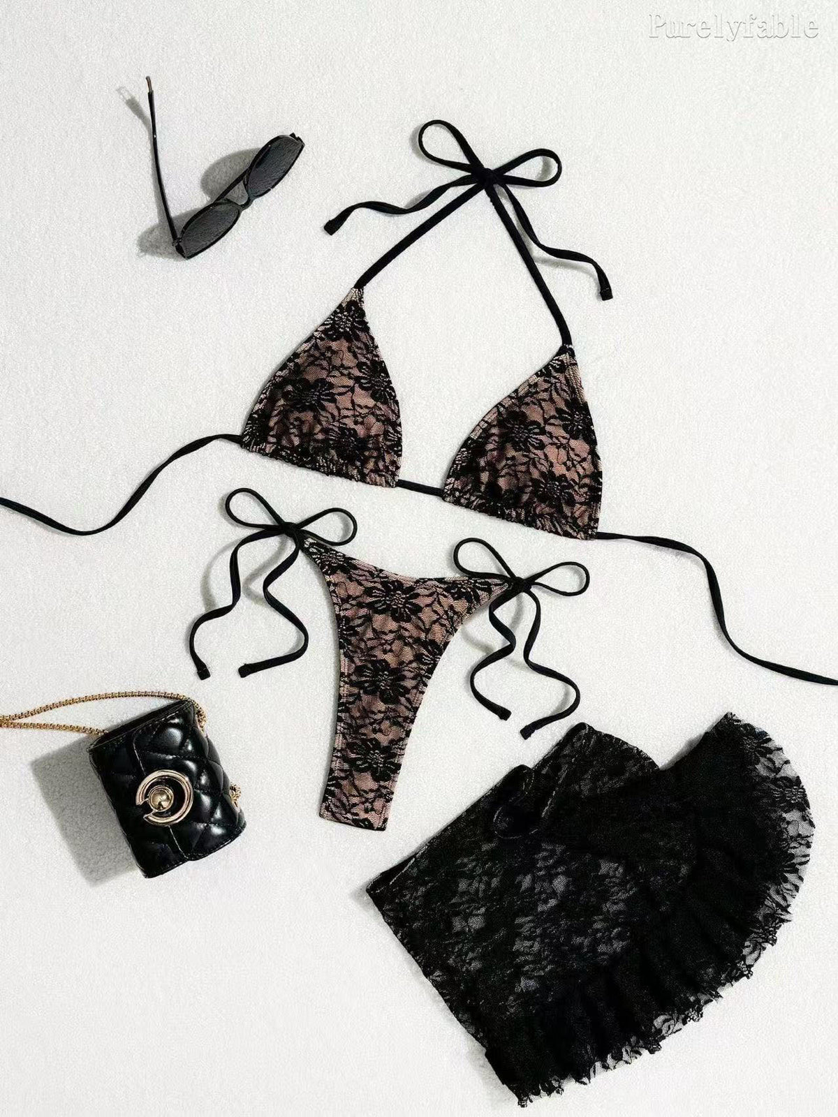 Black Lace Three-Piece Bikini Set