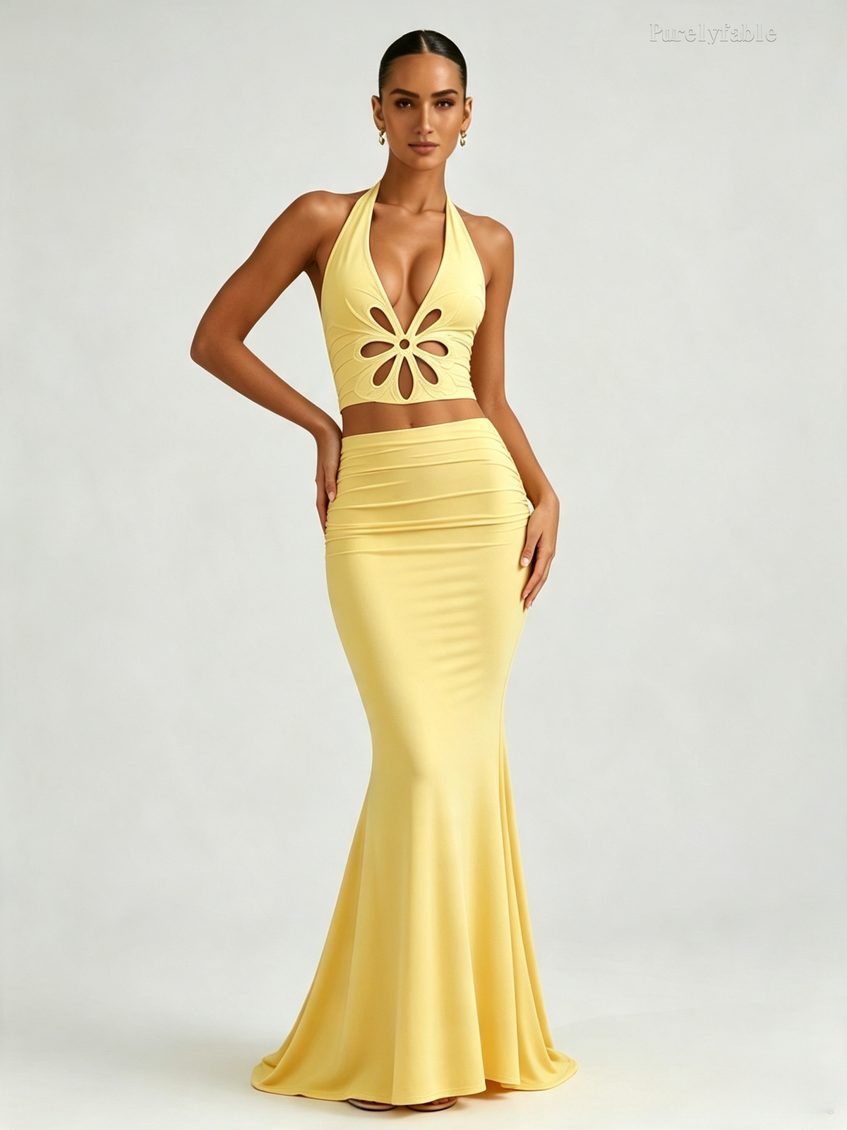 Helena Yellow Open-Back Fish-Tail Skirt Set