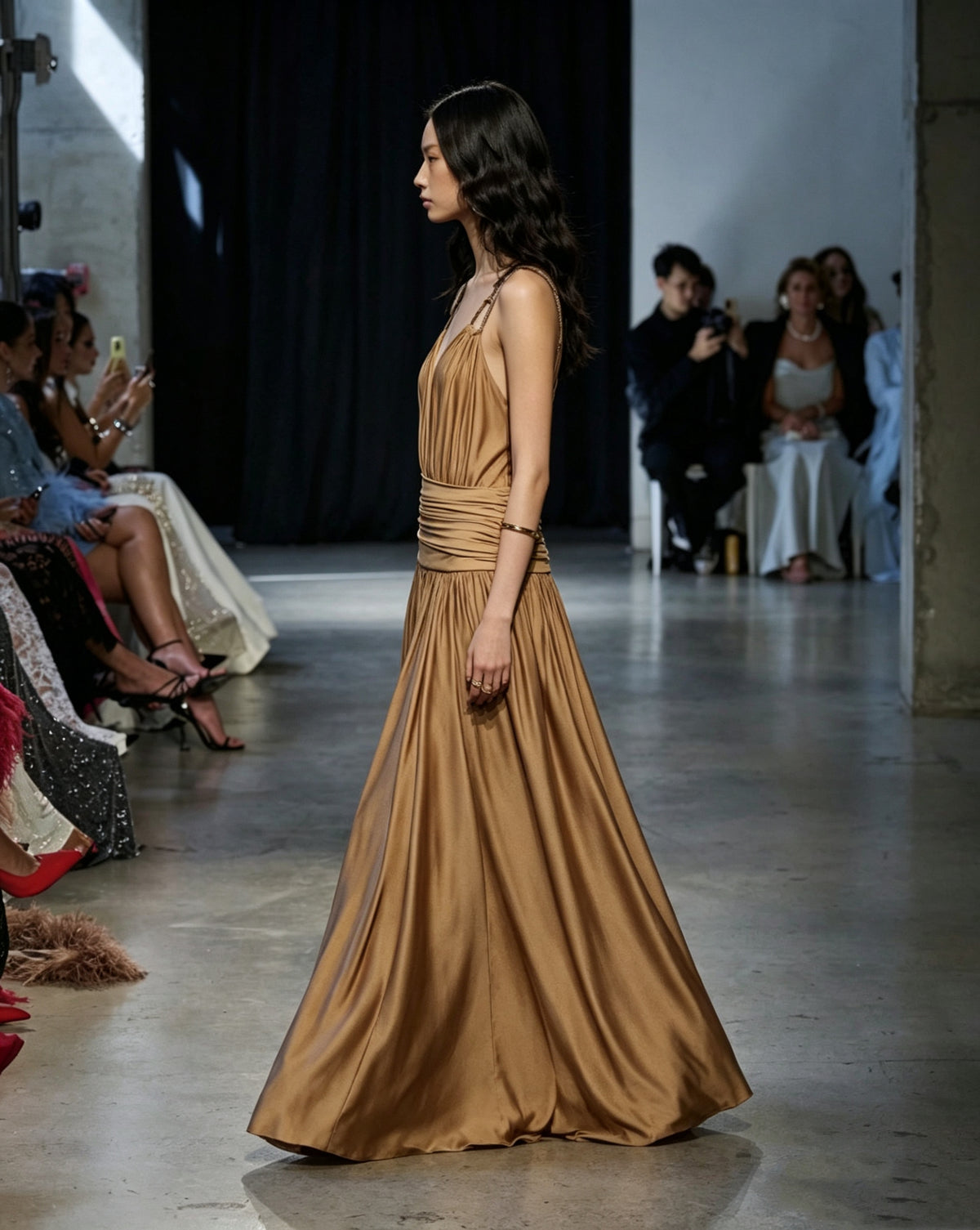 Aria Deep V Pleated Satin Maxi Dress