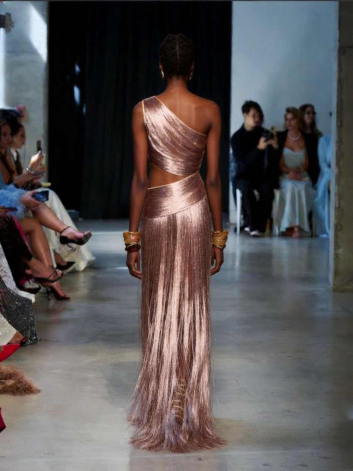 Diana Metallic Asymmetrical Fringe Evening Gown