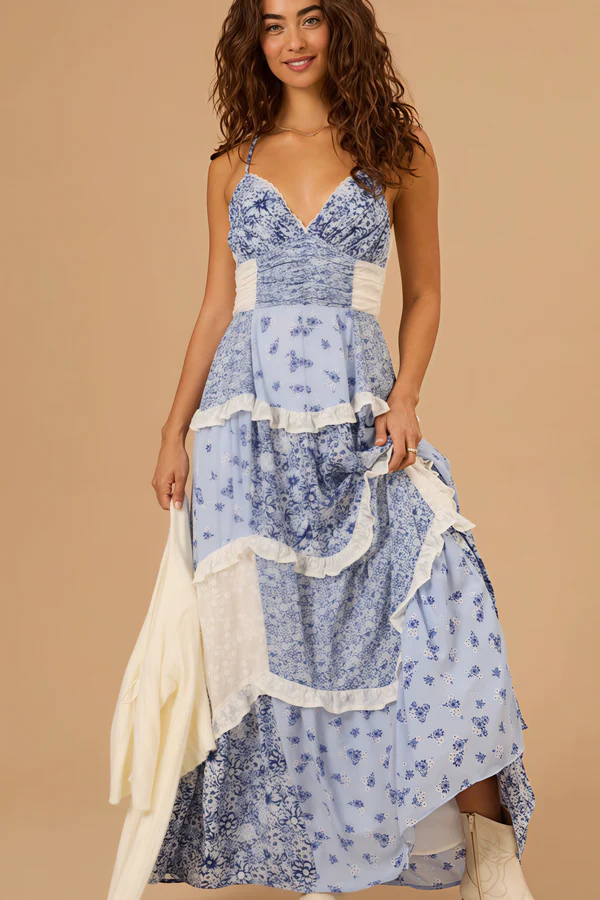 Charlotte Cami Print Lace Spliced Maxi Dress