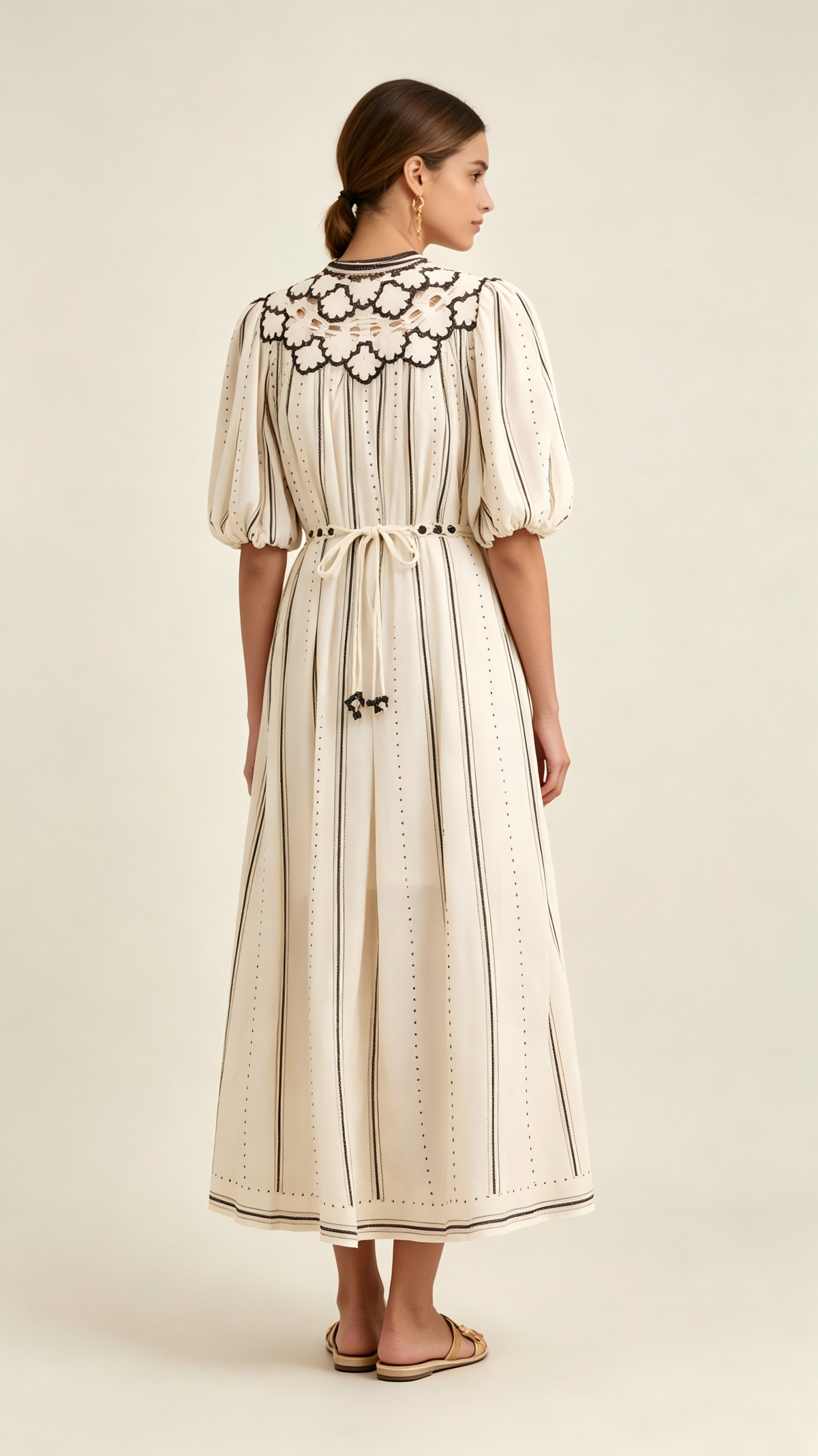 Ruby Puff Sleeve Embroidered Striped Casual Dress