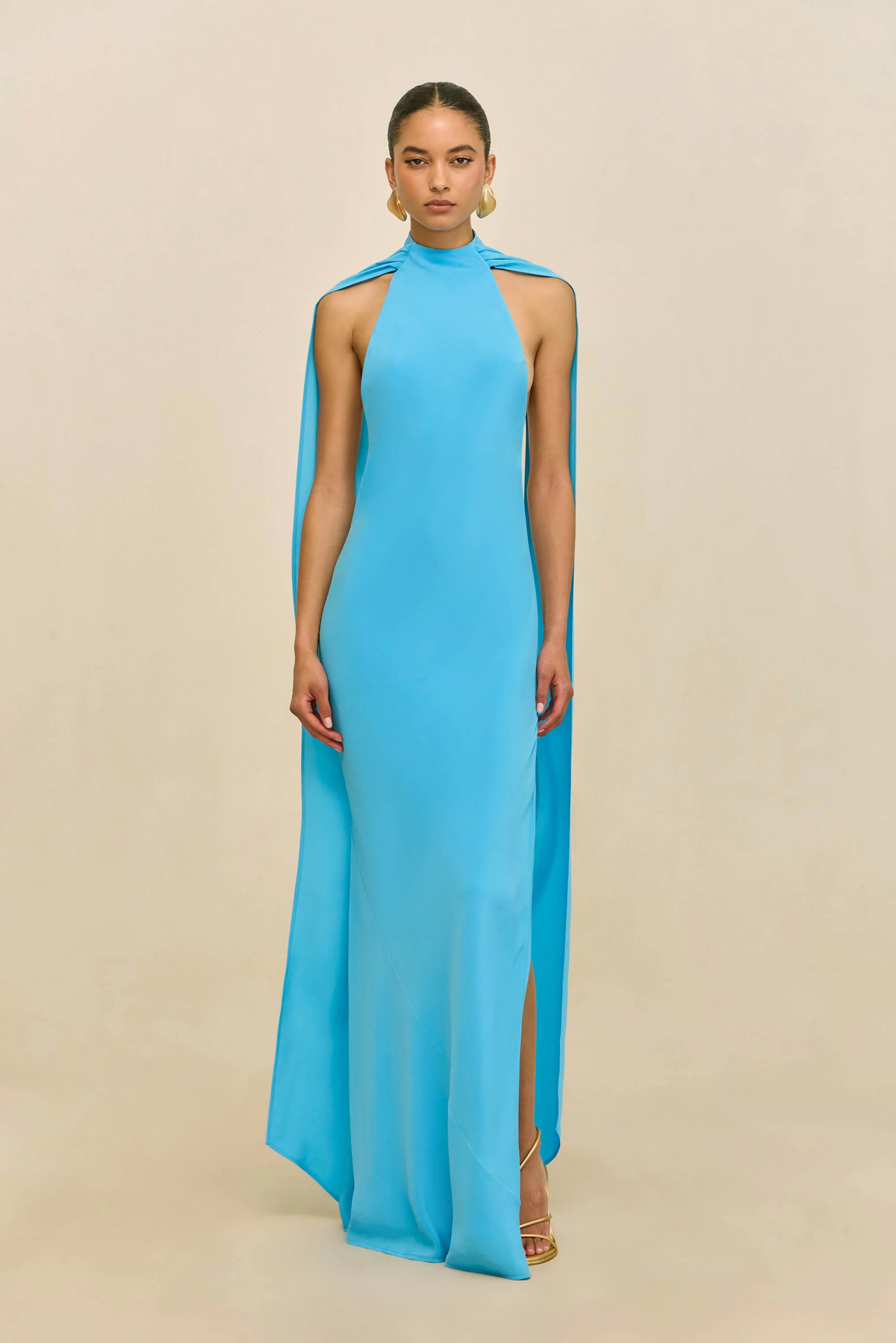 Danika Halter Ribbon Backless Split Maxi Dress In Blue