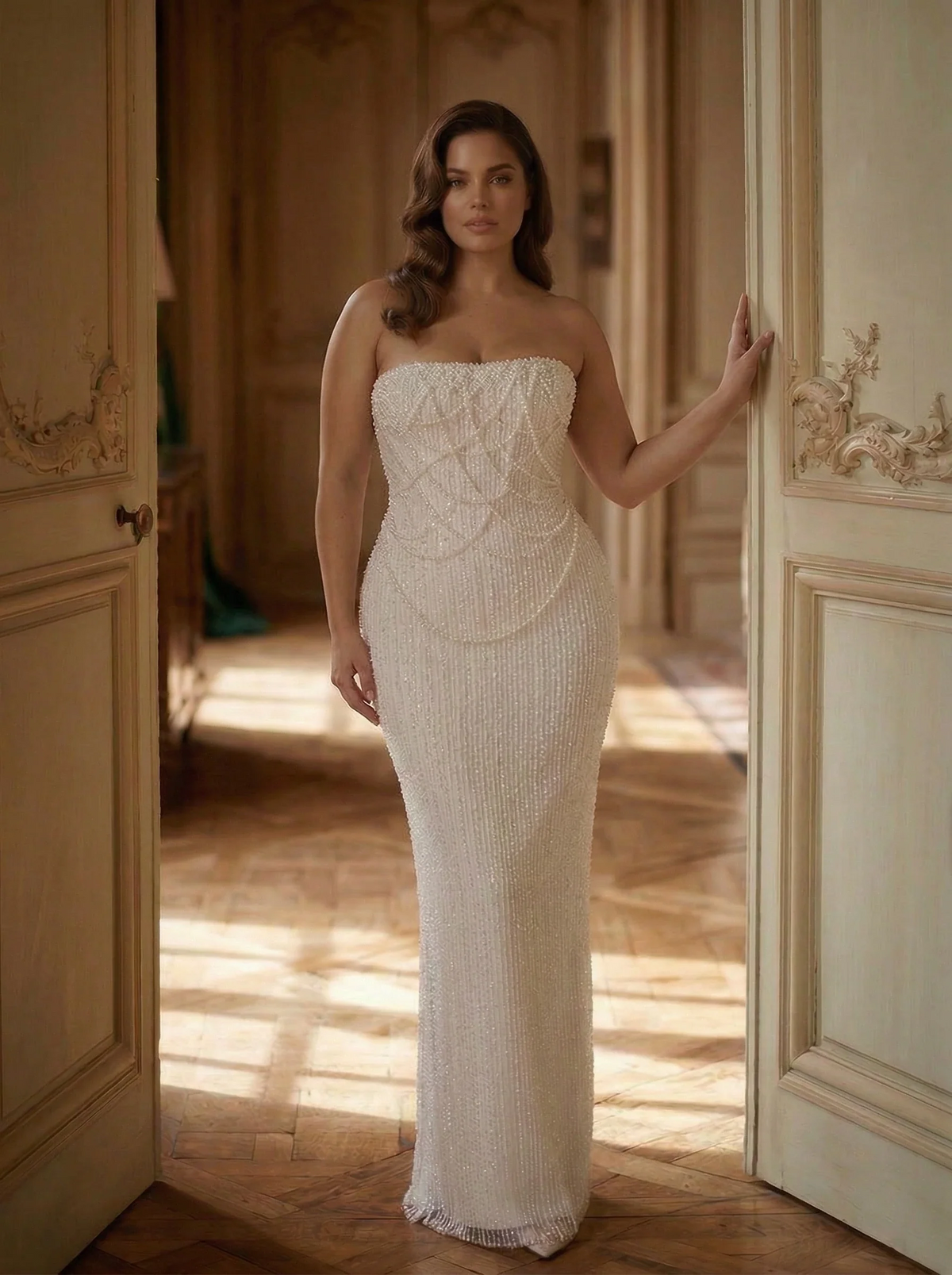 Lily Strapless Beaded Evening Maxi Dress In White