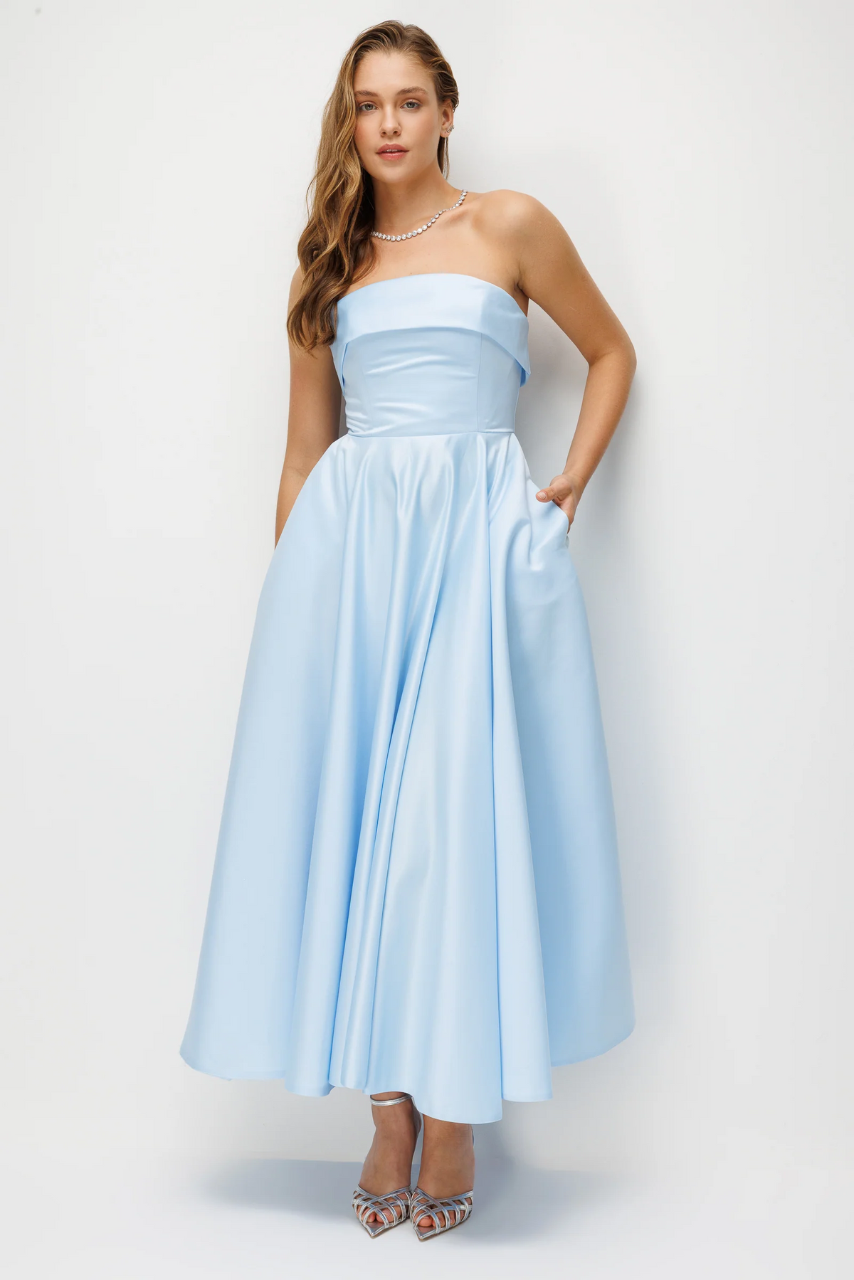 Brinley Strapless A-Line Midi Dress In Blue