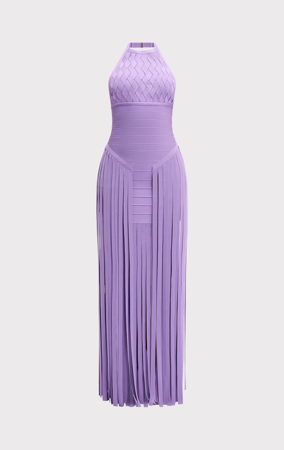 Aria Halter Neck Bodycon Fringe Evening Dress In Purple