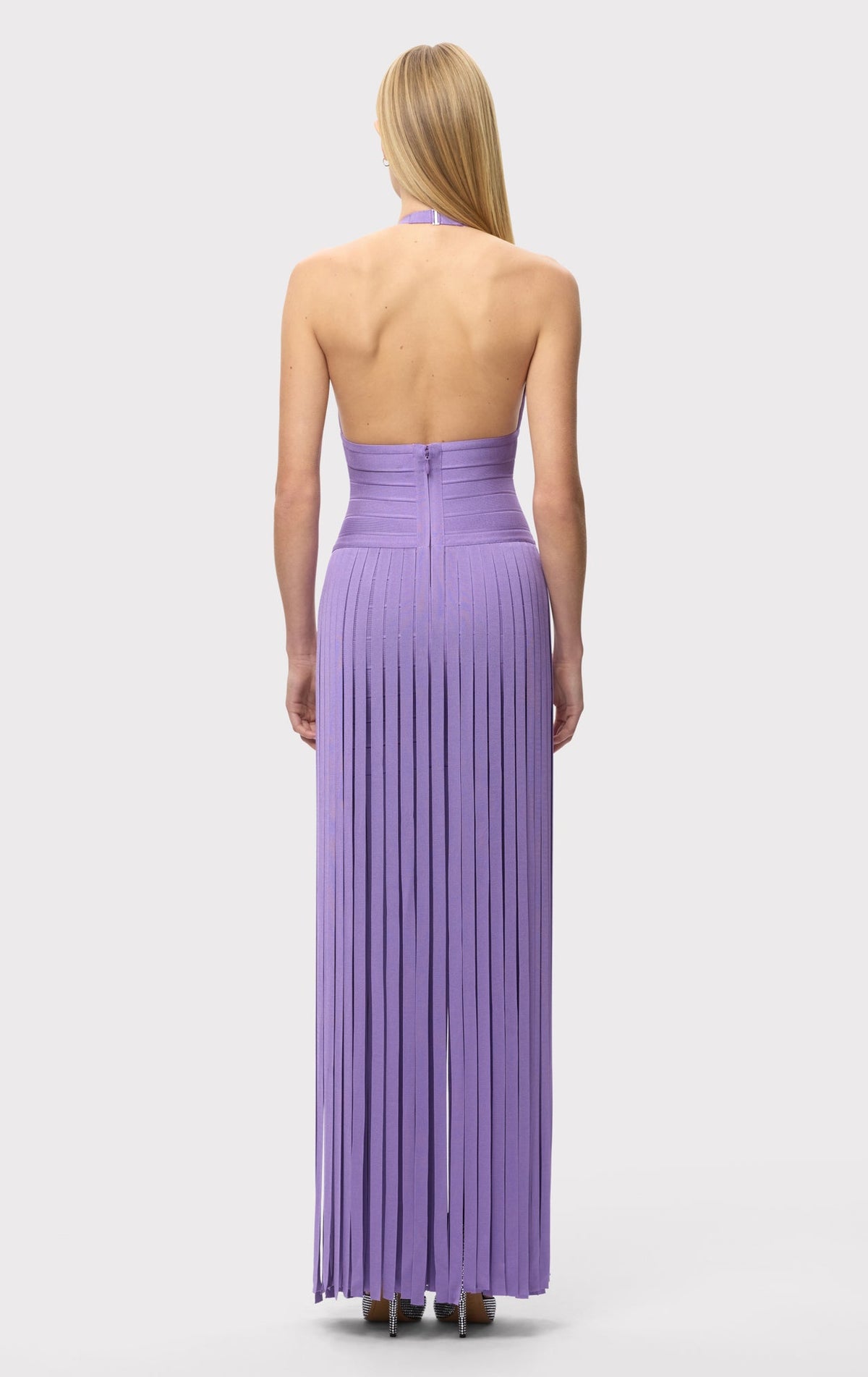 Aria Halter Neck Bodycon Fringe Evening Dress In Purple