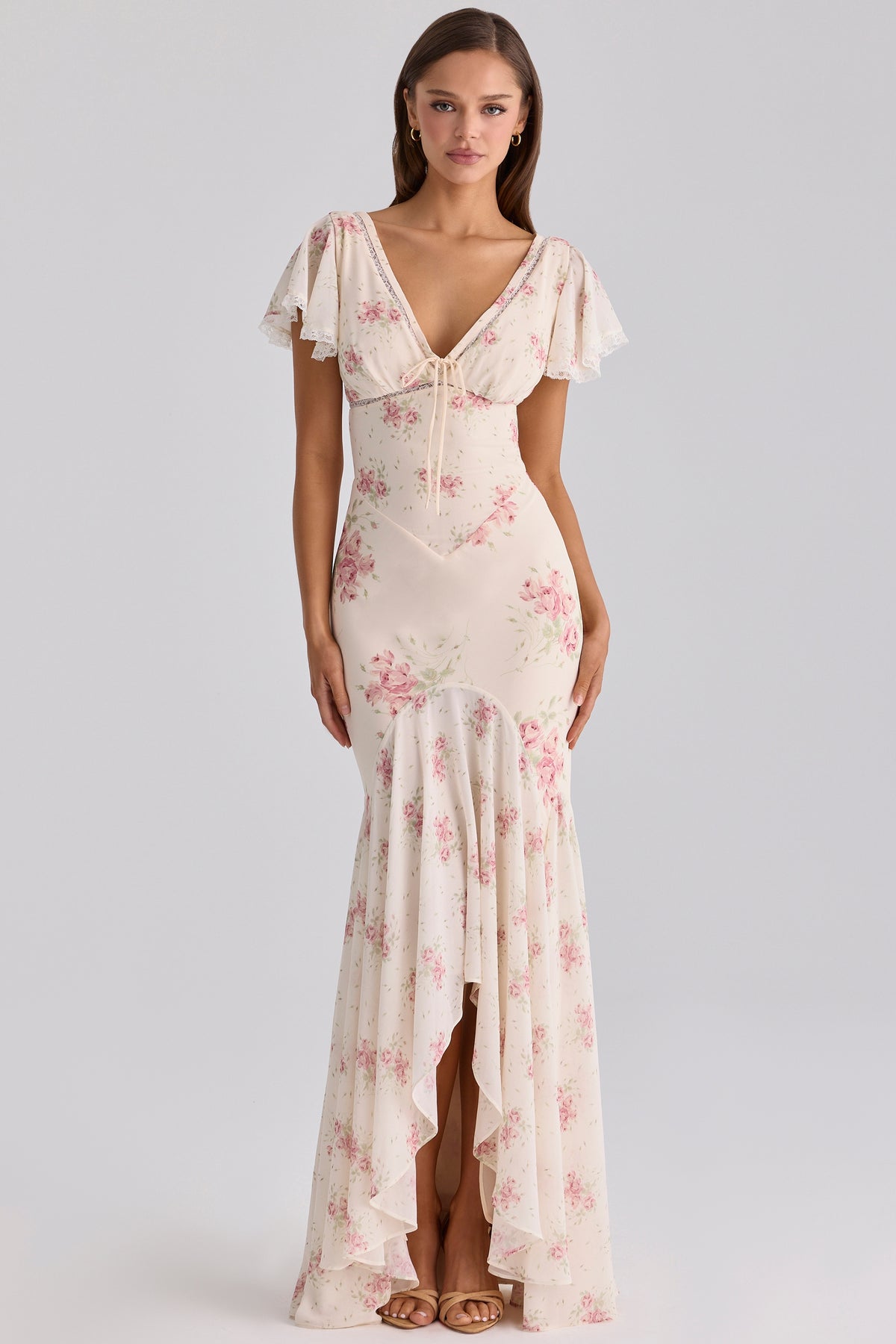 Amelia Cream Floral Print Tie-Strap Fitted Mermaid Dress