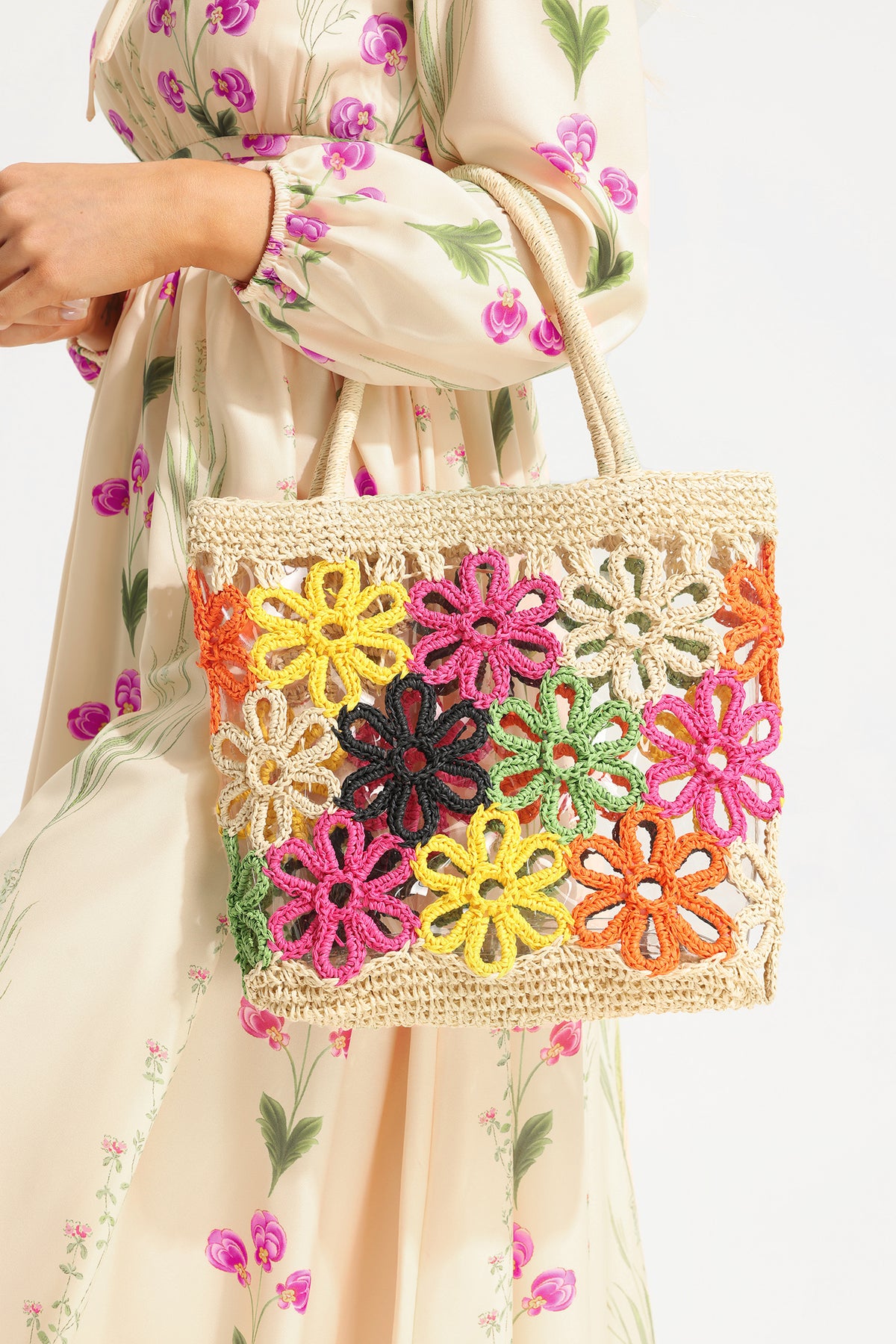 Floral Straw Woven Shoulder Bag