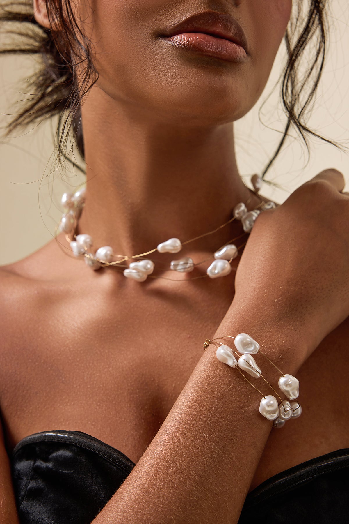 Faux Pearl Multi-Layered Necklace & Beaded Bracelet Set