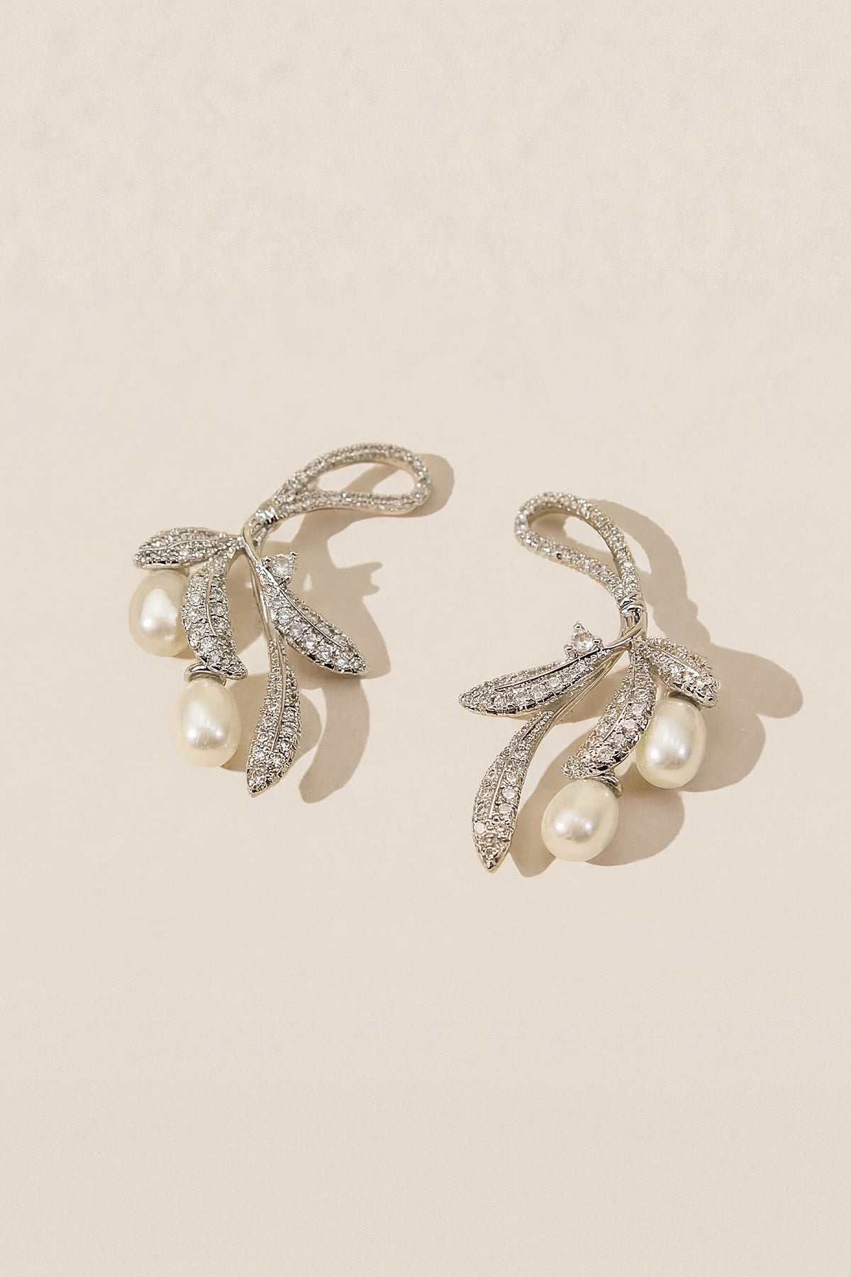 Crystal Feather Pearl Dangle Earrings