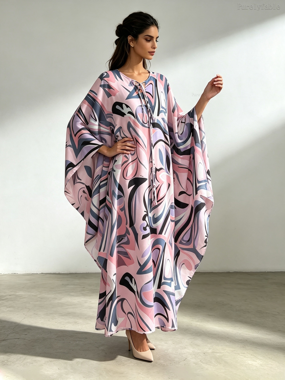 Rosalie Purple Loose-Knit Lace-Up Printed Long Dress