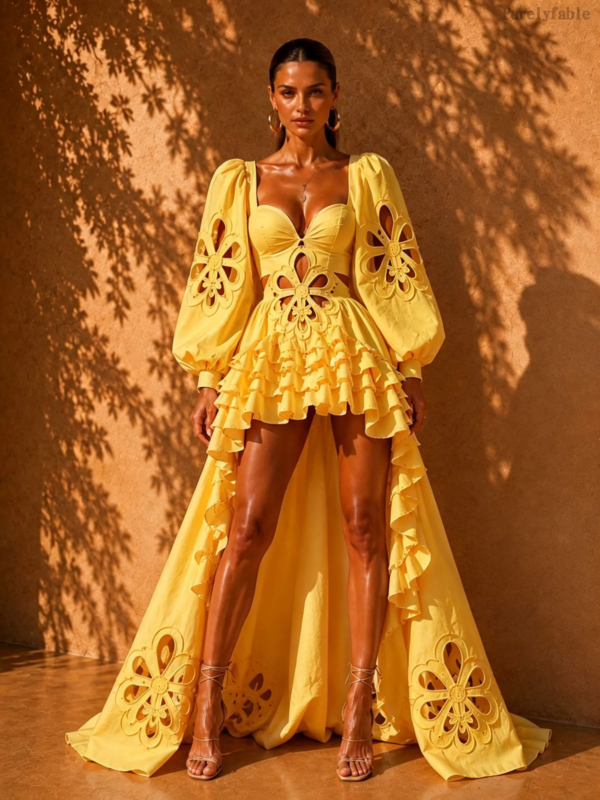Magdalena Sweetheart Puff Sleeve Cutwork Gown
