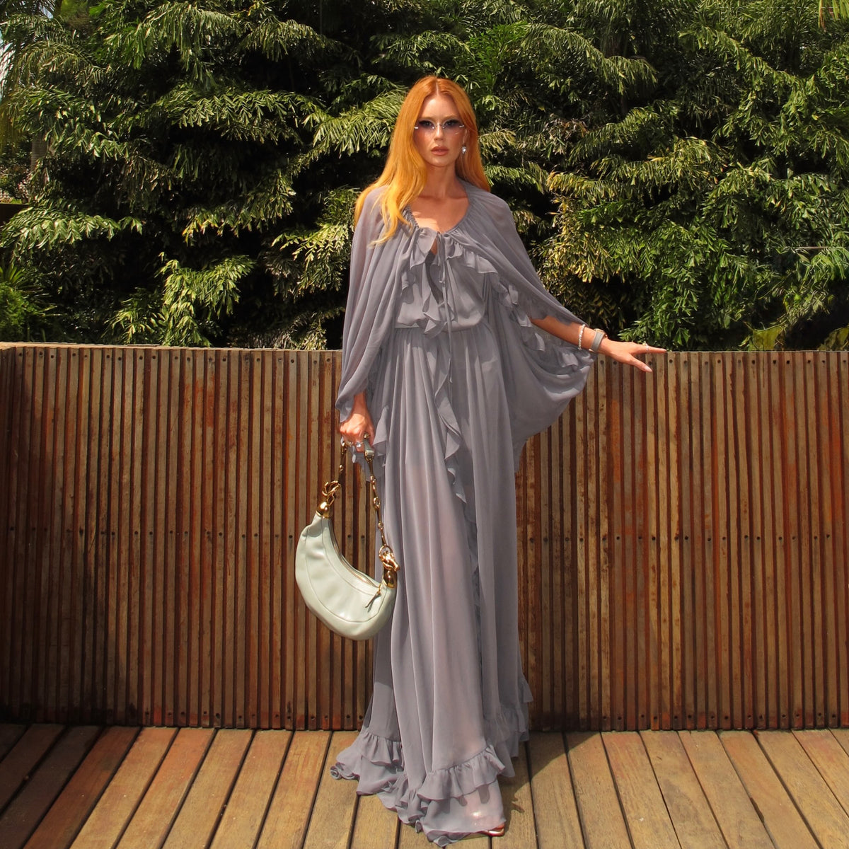 Piper Grey V-neck Cap Sleeve Long Dress