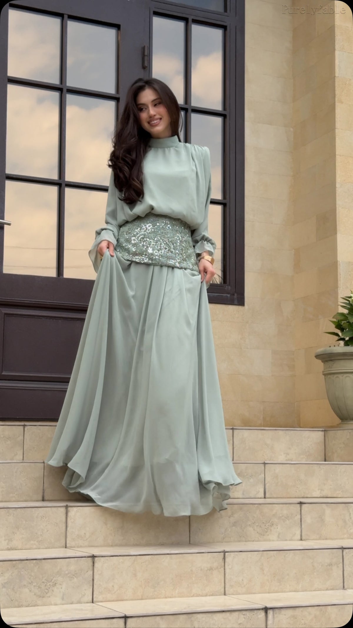 Kamila Light Green High-neck Flowing Long Dress Set