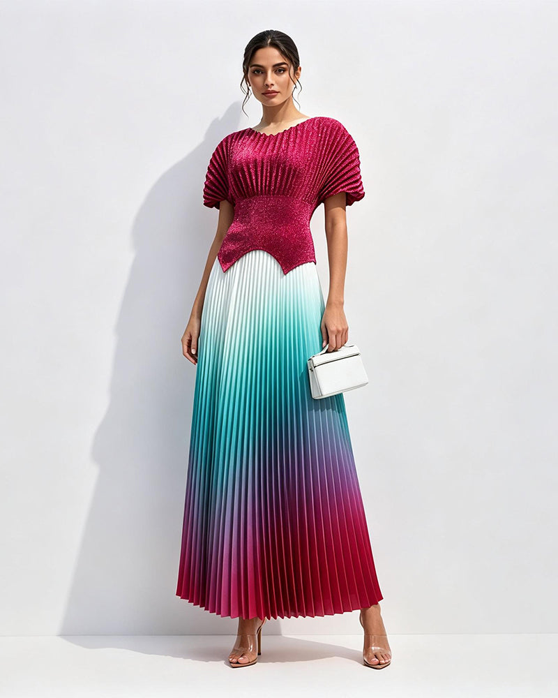 Zaria Multicolor Shimmer Metallic Ombré Pleated Two-piece Set