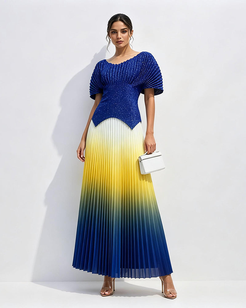 Zaria Multicolor Shimmer Metallic Ombré Pleated Two-piece Set
