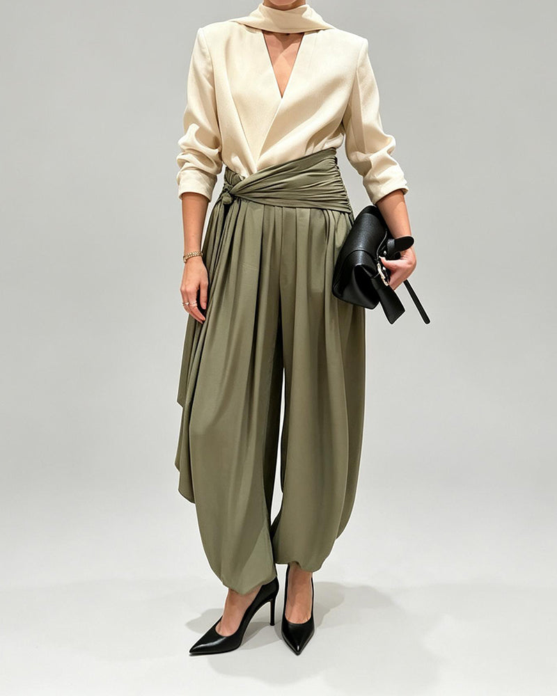 Natalya Beige Draped Top & Ruched Wide-Leg Trouser Two-Piece Set