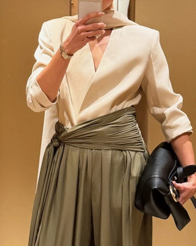 Natalya Beige Draped Top & Ruched Wide-Leg Trouser Two-Piece Set