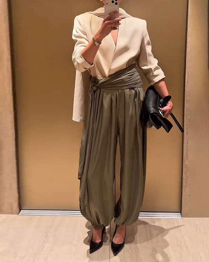 Natalya Beige Draped Top & Ruched Wide-Leg Trouser Two-Piece Set