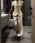 Olive Beige Mandarin Collar Puff Sleeve Blazer & Wide-Leg Pants Two-Piece Set