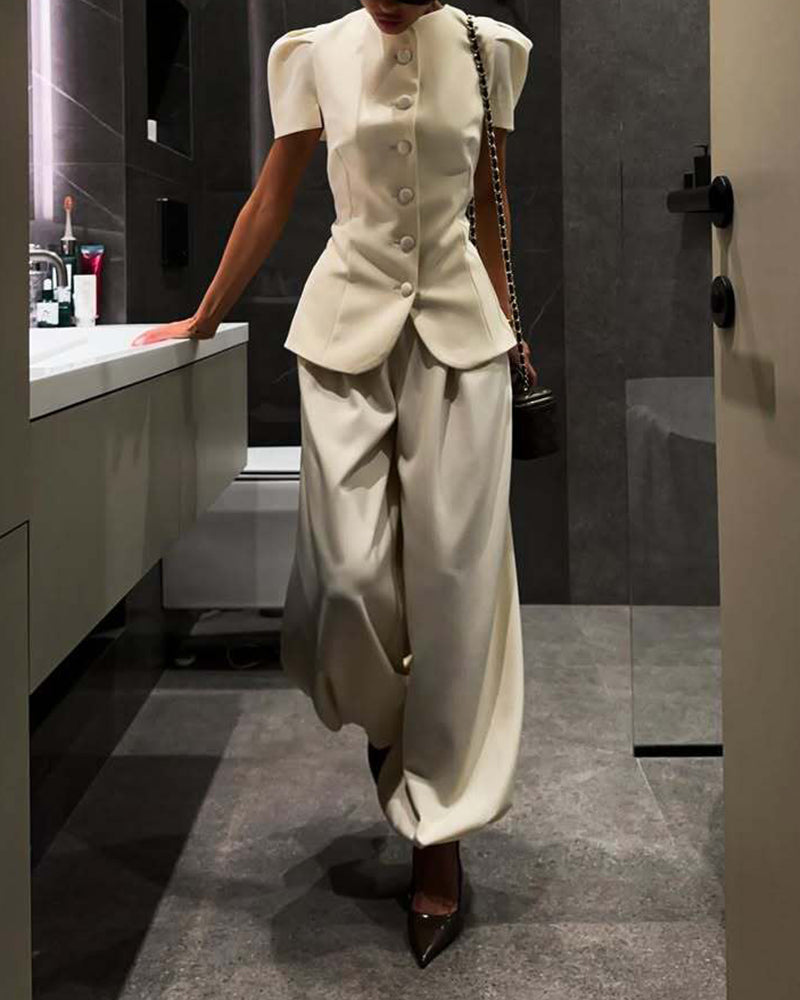 Olive Beige Mandarin Collar Puff Sleeve Blazer & Wide-Leg Pants Two-Piece Set