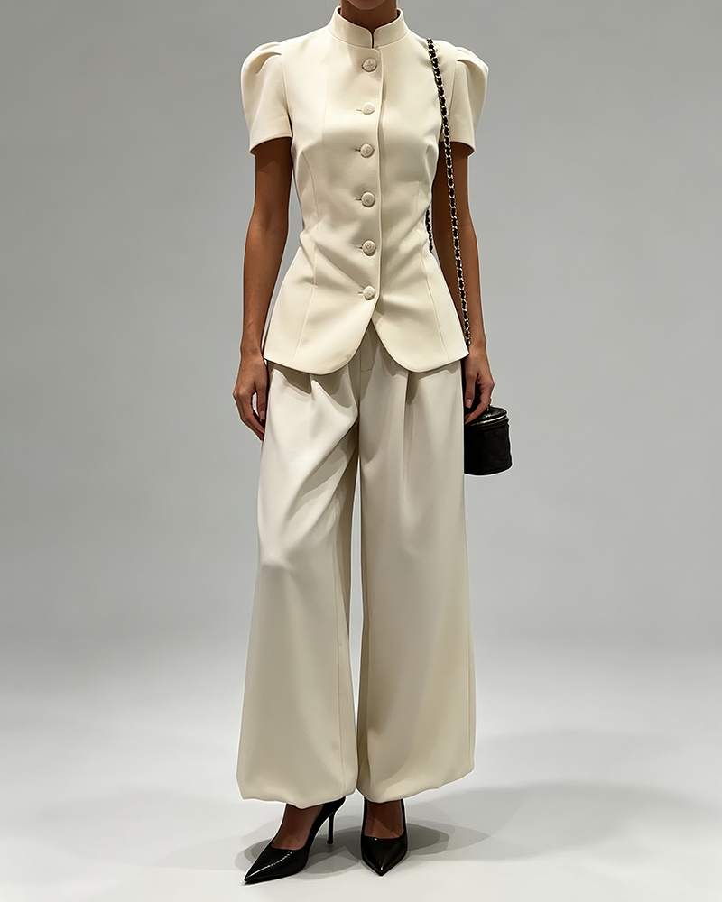 Olive Beige Mandarin Collar Puff Sleeve Blazer & Wide-Leg Pants Two-Piece Set