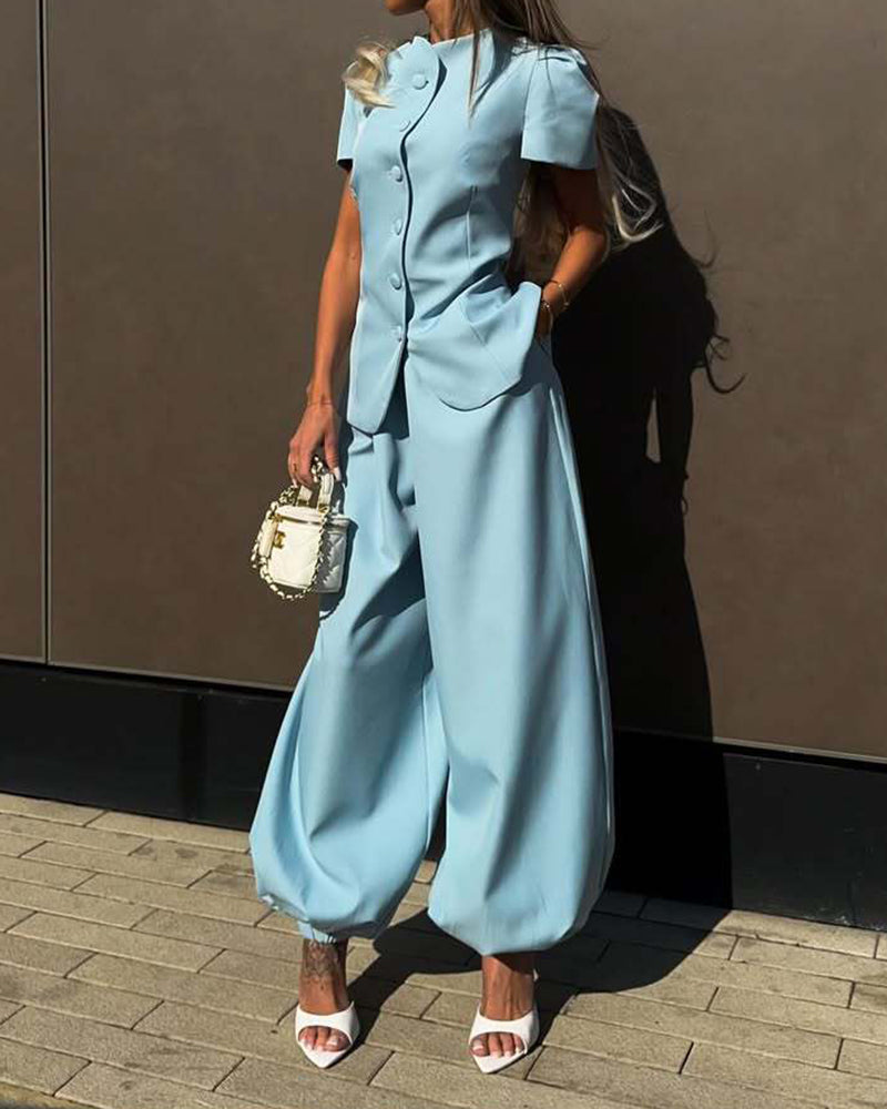 Olive Beige Mandarin Collar Puff Sleeve Blazer & Wide-Leg Pants Two-Piece Set