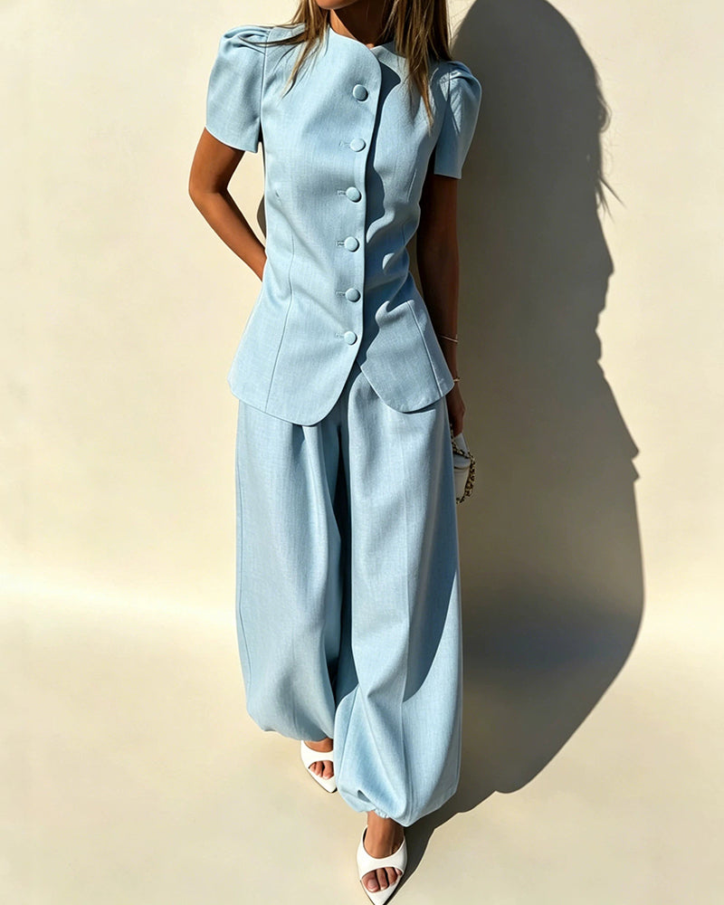 Olive Beige Mandarin Collar Puff Sleeve Blazer & Wide-Leg Pants Two-Piece Set