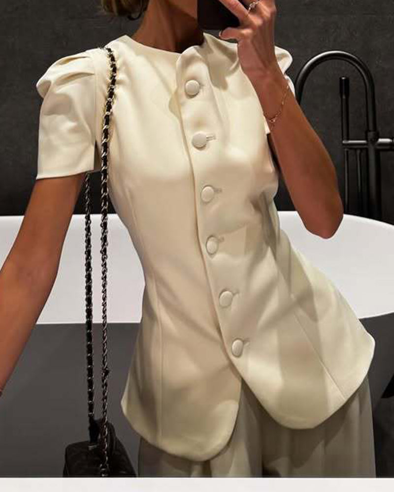 Olive Beige Mandarin Collar Puff Sleeve Blazer & Wide-Leg Pants Two-Piece Set