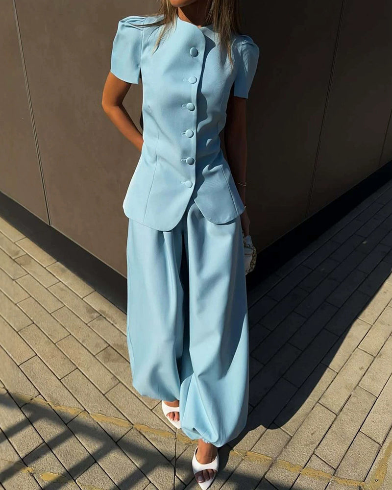 Olive Beige Mandarin Collar Puff Sleeve Blazer & Wide-Leg Pants Two-Piece Set