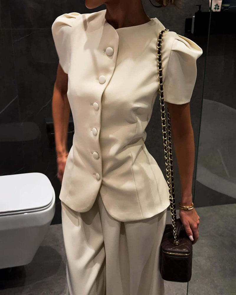 Olive Beige Mandarin Collar Puff Sleeve Blazer & Wide-Leg Pants Two-Piece Set
