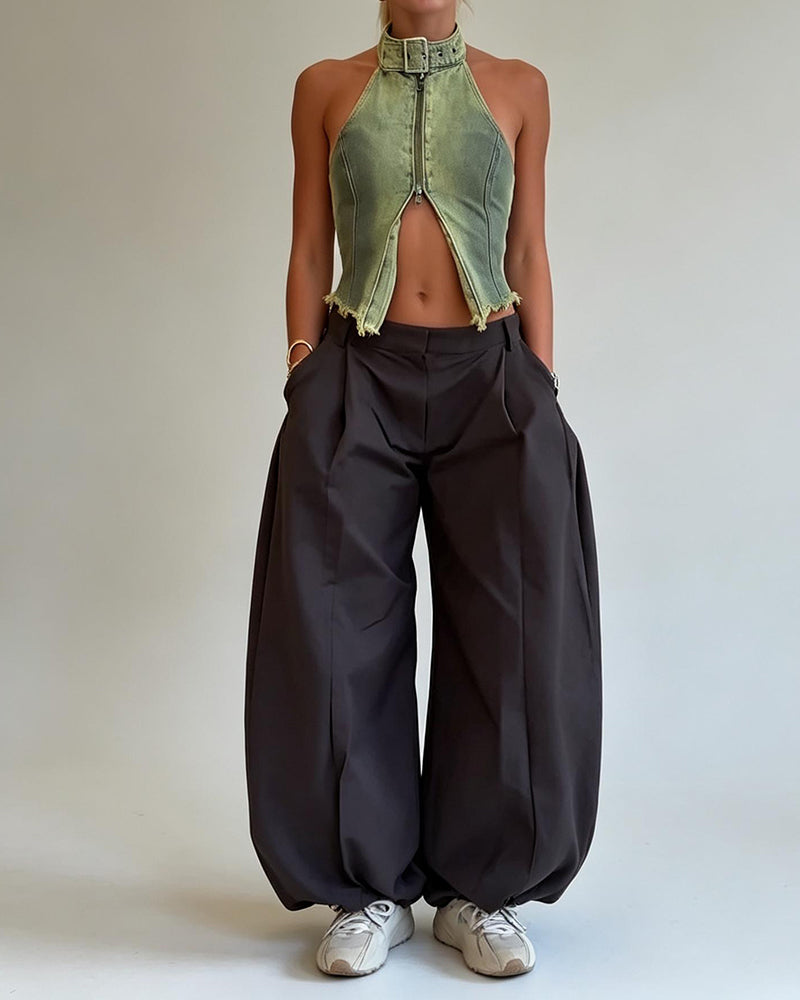 Solange Black Buckled Halter & Pleated Parachute Trouser Two-Piece Set