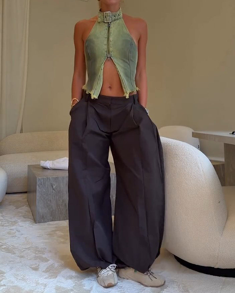 Solange Black Buckled Halter & Pleated Parachute Trouser Two-Piece Set