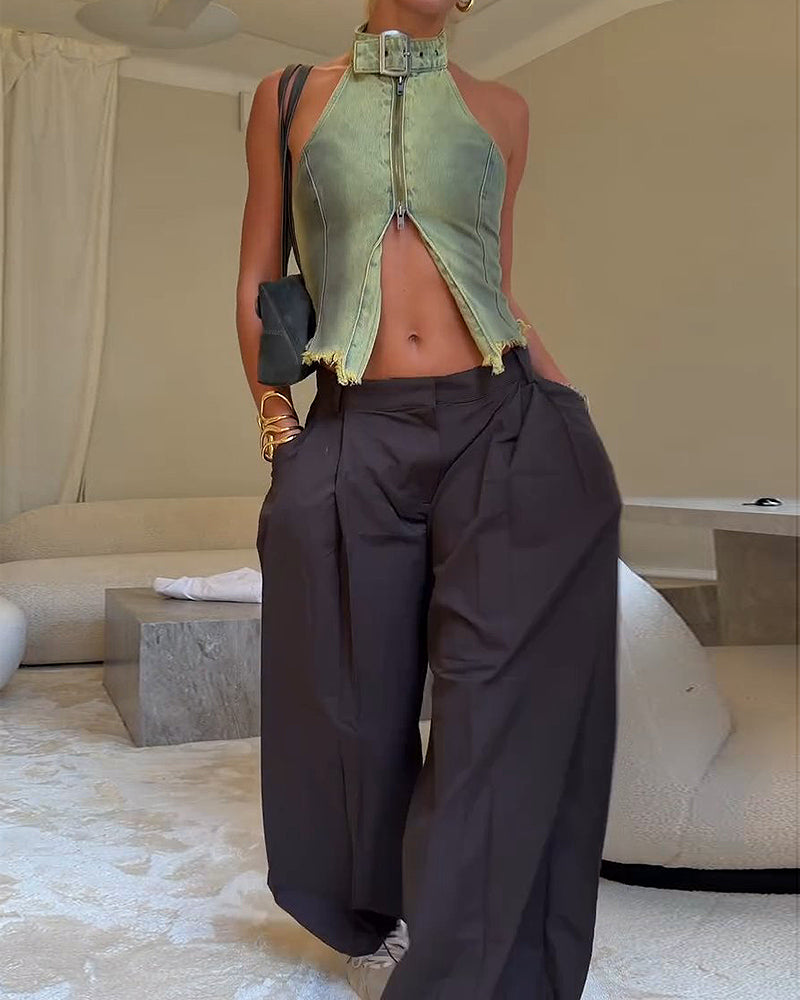 Solange Black Buckled Halter & Pleated Parachute Trouser Two-Piece Set