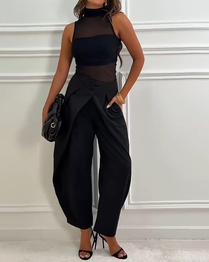 Valentina Black Mesh Crop Top and Over Wide Leg Pants Two Piece Set