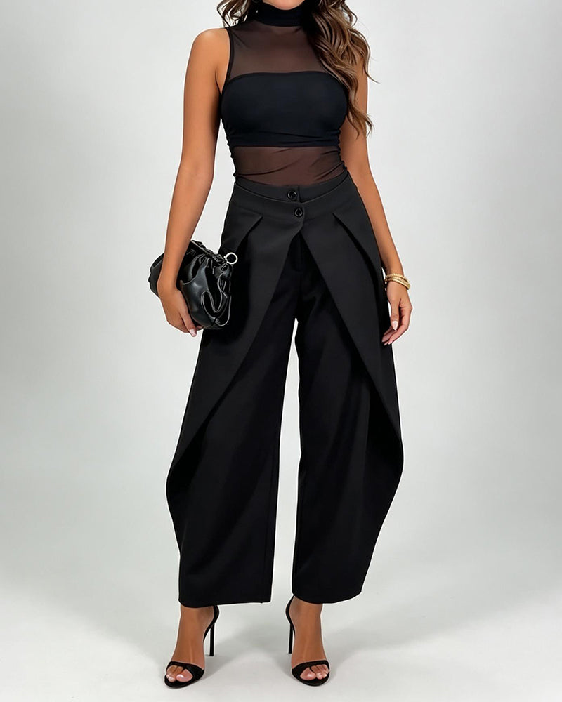 Valentina Black Mesh Crop Top and Over Wide Leg Pants Two Piece Set