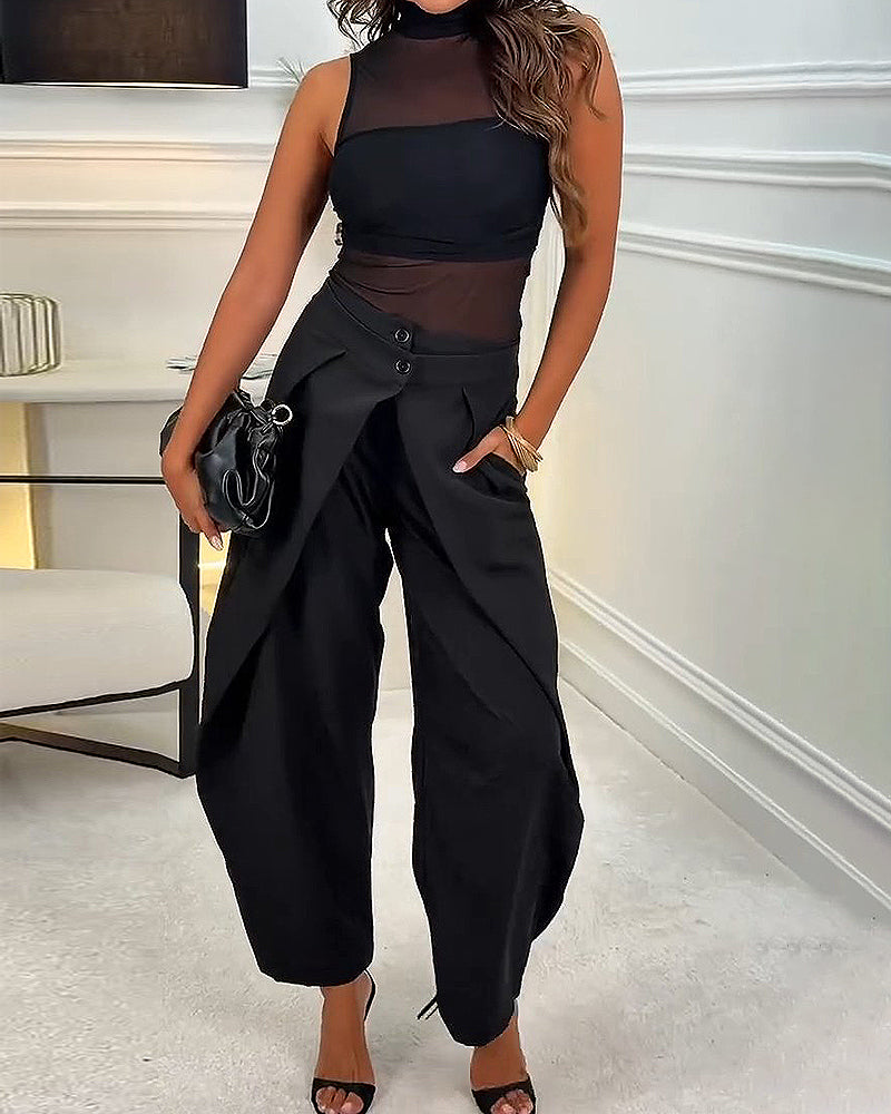 Valentina Black Mesh Crop Top and Over Wide Leg Pants Two Piece Set