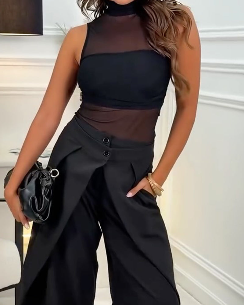 Valentina Black Mesh Crop Top and Over Wide Leg Pants Two Piece Set