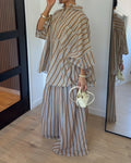 Lana Brown Oversized Striped Shirt and Wide-Leg Trousers Two-Piece Set