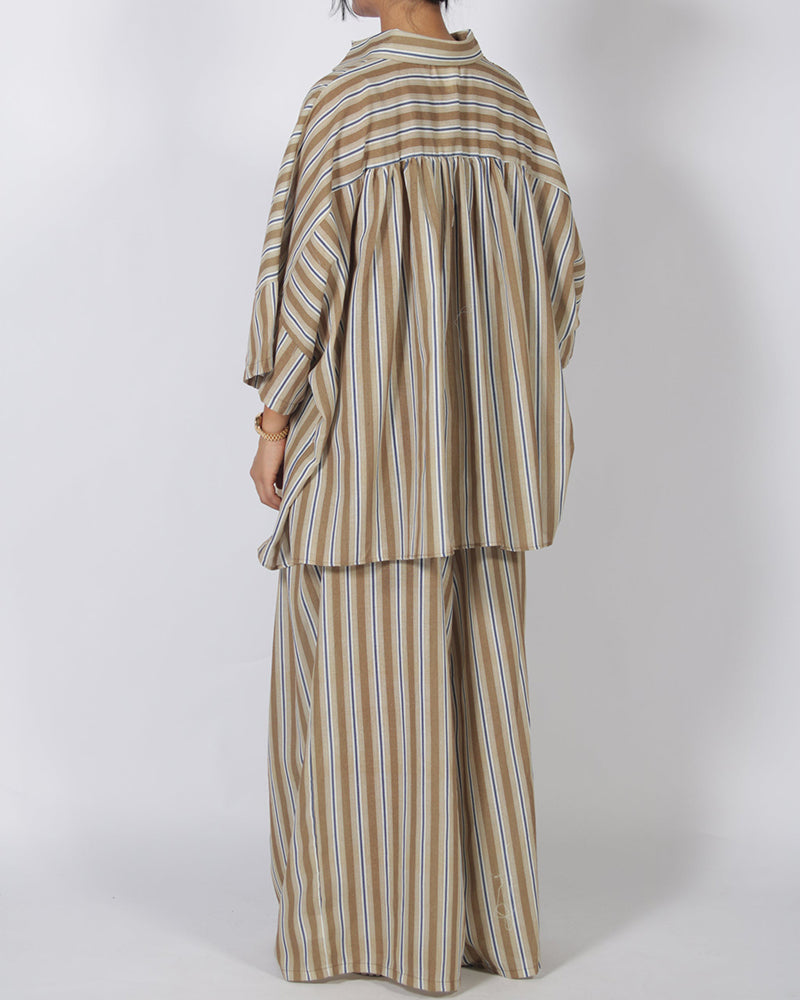 Lana Brown Oversized Striped Shirt and Wide-Leg Trousers Two-Piece Set