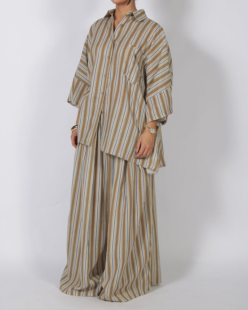 Lana Brown Oversized Striped Shirt and Wide-Leg Trousers Two-Piece Set