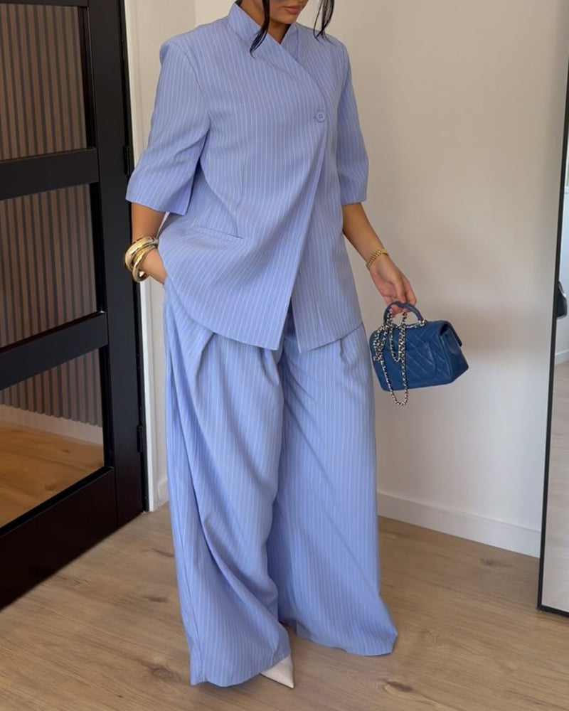 Rosalyn Blue Asymmetrical Short-Sleeve Blazer and Wide-Leg Trousers Two-Piece Set