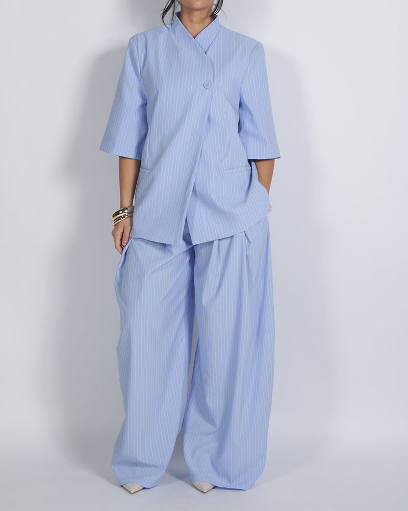 Rosalyn Blue Asymmetrical Short-Sleeve Blazer and Wide-Leg Trousers Two-Piece Set