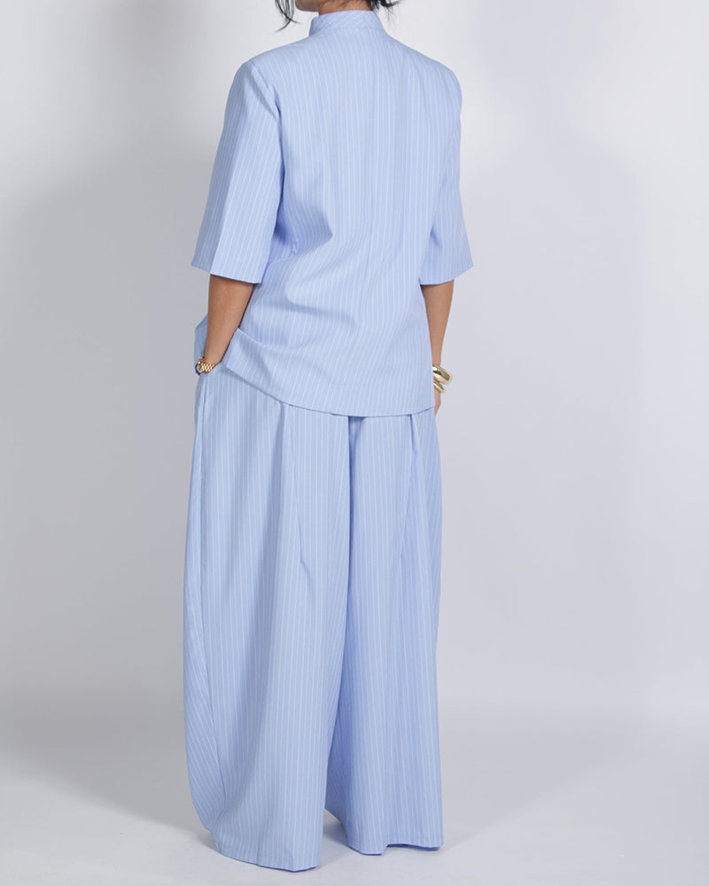 Rosalyn Blue Asymmetrical Short-Sleeve Blazer and Wide-Leg Trousers Two-Piece Set