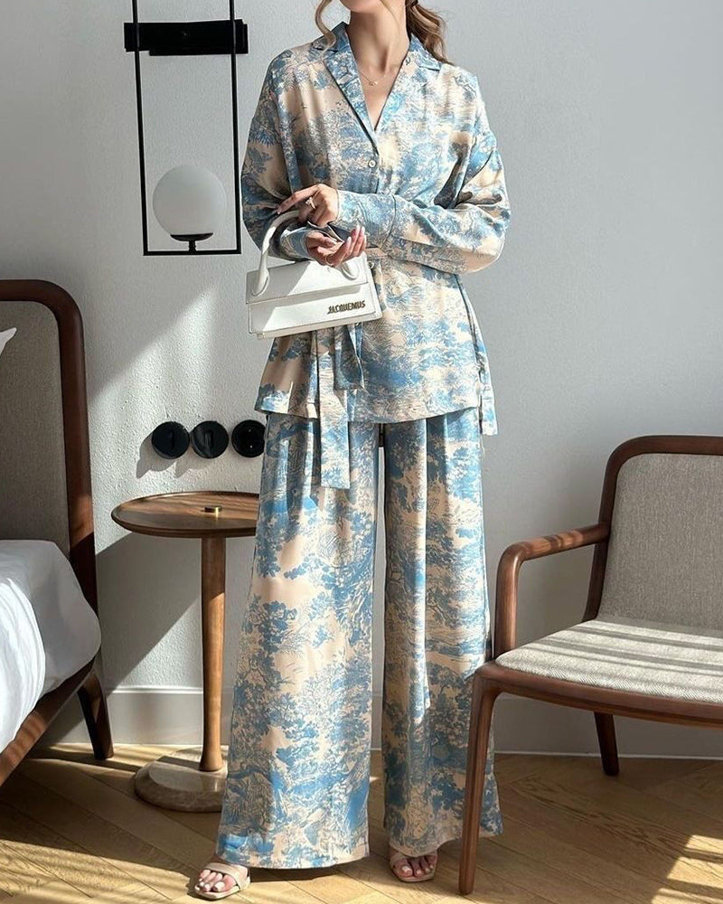 Paloma Blue Lapel Printed Shirt & Wide-Leg Pants Two-Piece Set