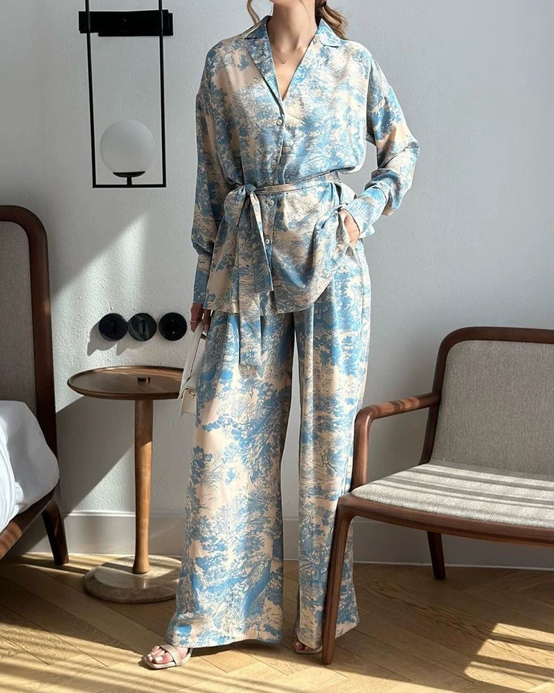 Paloma Blue Lapel Printed Shirt & Wide-Leg Pants Two-Piece Set