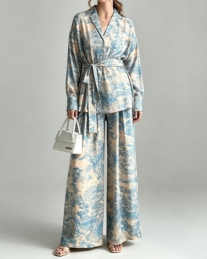 Paloma Blue Lapel Printed Shirt & Wide-Leg Pants Two-Piece Set